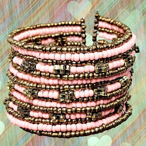 Golden Flowers & Coral Seeds Beaded Bracelet Spiral Coil Wire Retro Wrap Cuff - Picture 2 of 12